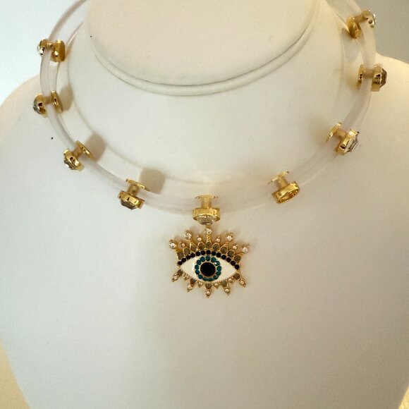 NWT Kurt Geiger London Clear Jelly Crystal Pavé Evil Eye Choker Necklace 15” - Picture 5 of 8